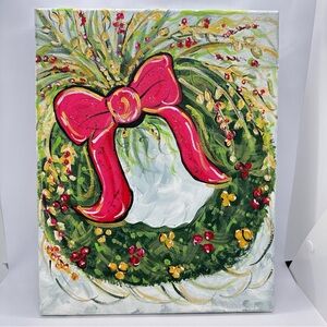 Christmas Wreath with Bow Painting on 14" x11" x .5 Unframed Wrap Canvas Glitter
